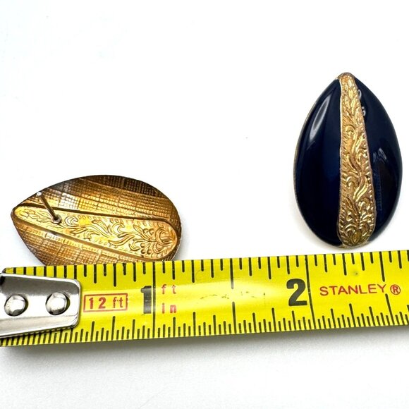 Gold & Navy Blue Vintage Teardrop Post Pierced Earrings Ornate Design 1 1/8 " - Picture 2 of 6